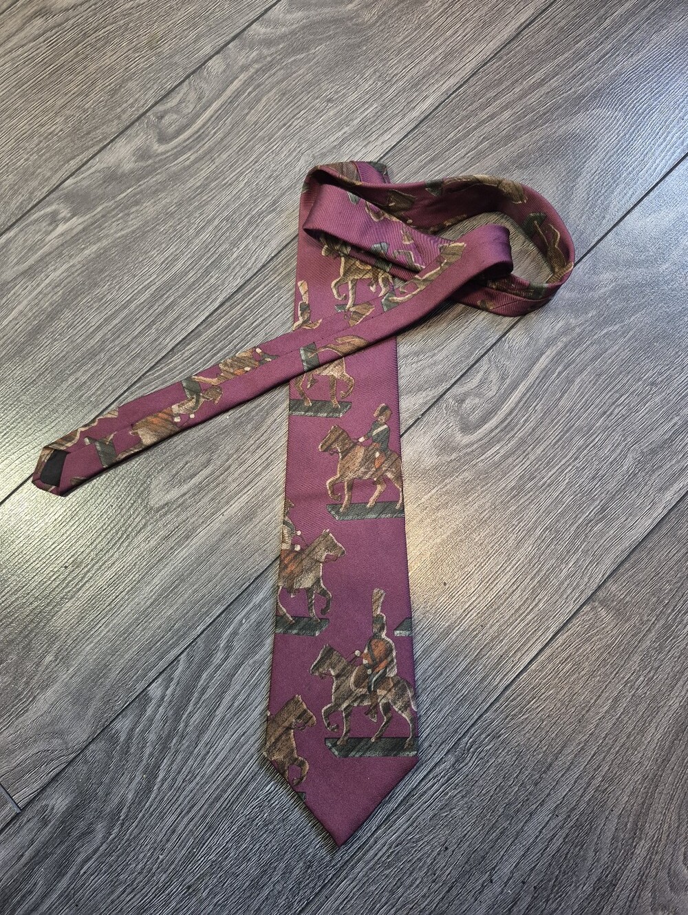 Vintage West Coast Silk Tie - Equestrian Horse Jumping Novelty Print Burgundy